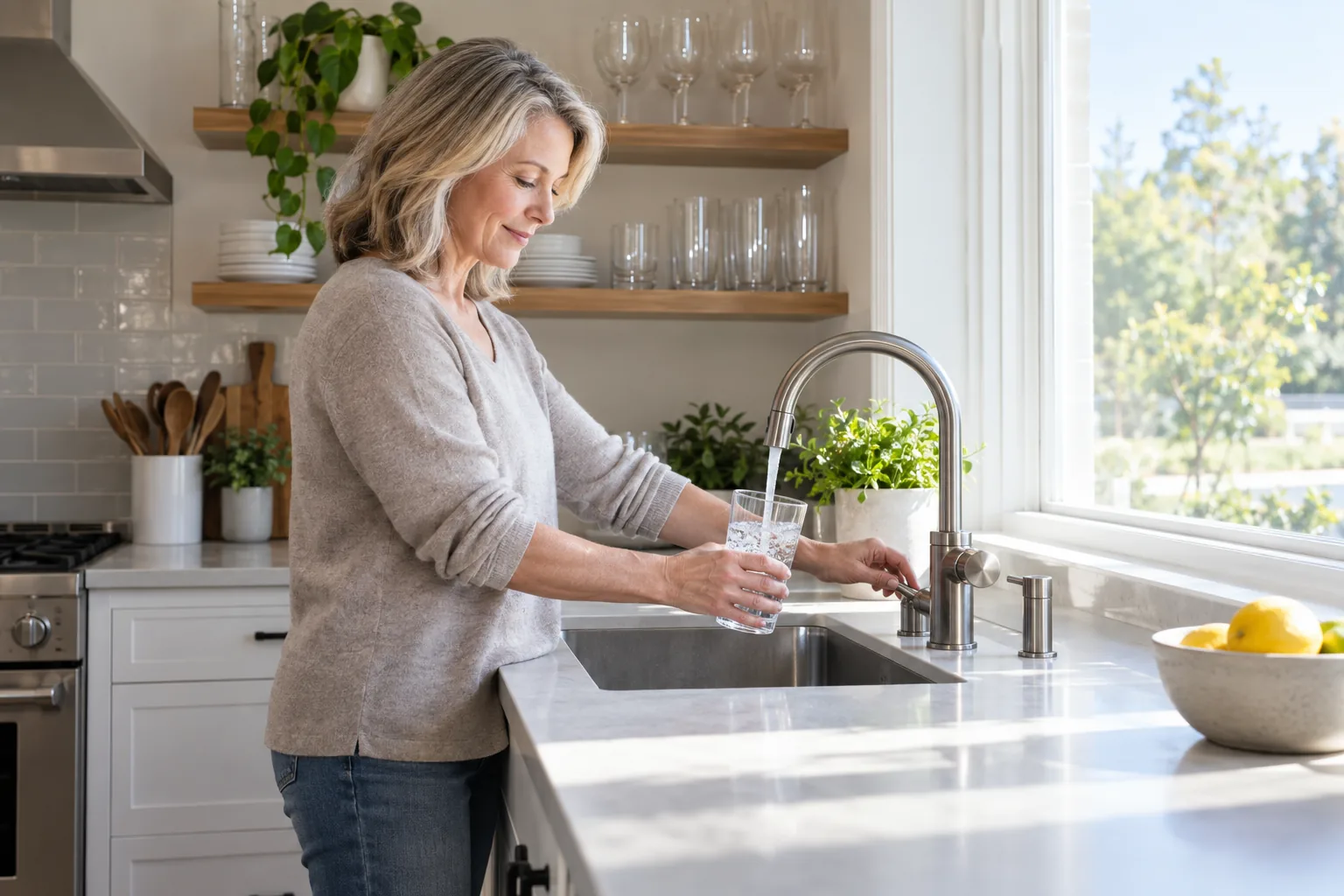A Texas homeowner filling a glass at the kitchen sink