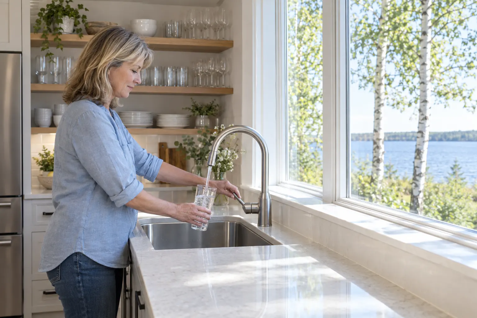 A Minnesota homeowner filling a glass at the kitchen sink