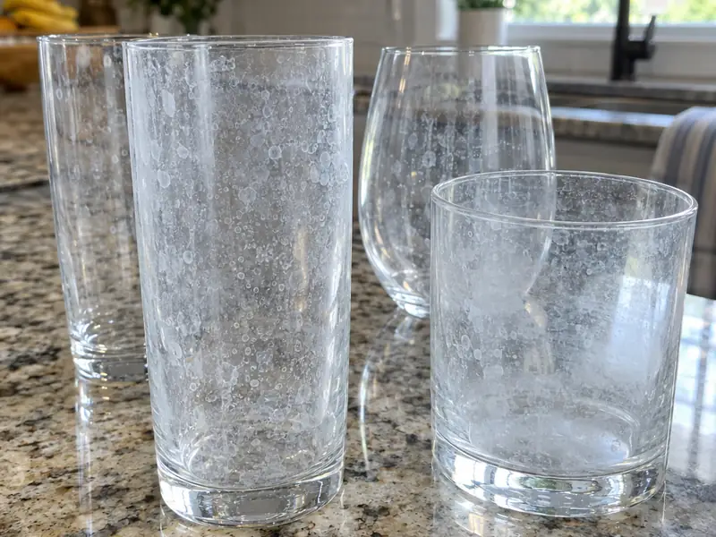 Cloudy, spotted drinking glasses fresh out of the dishwasher