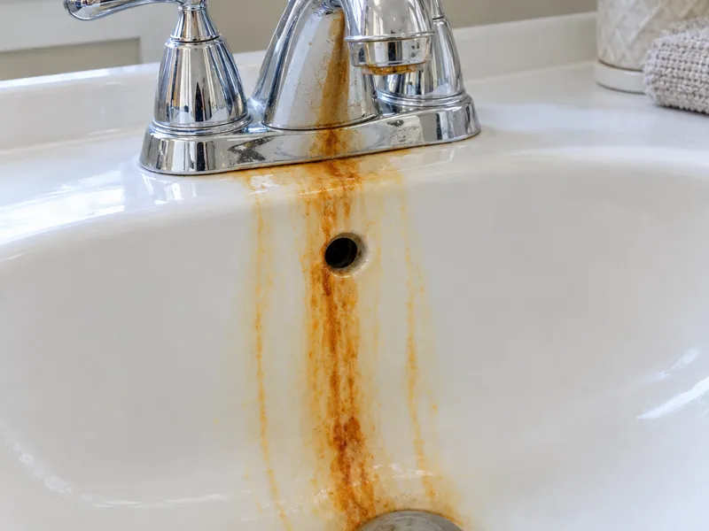 Orange-brown iron staining on a white porcelain sink