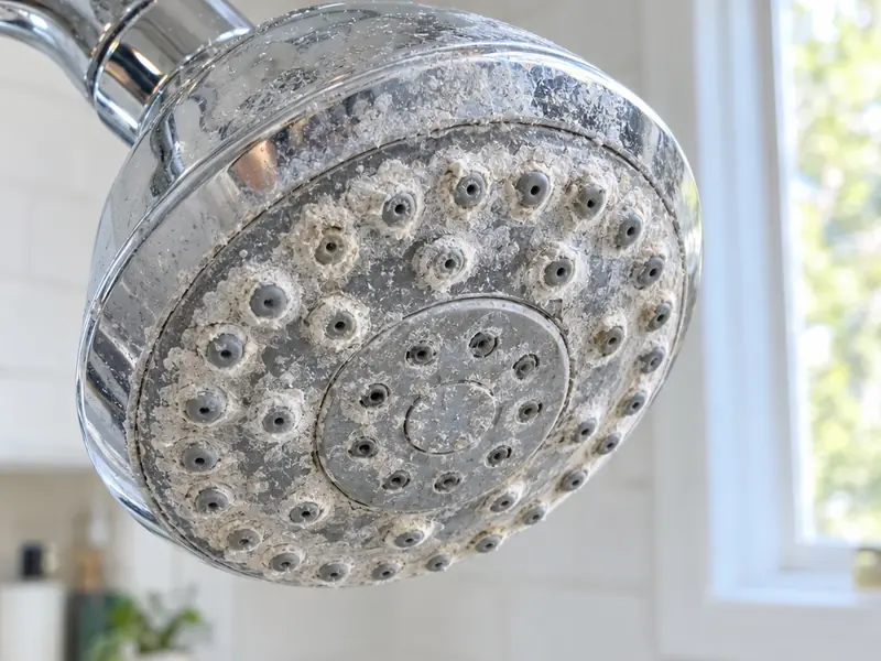 Chrome showerhead crusted with white limescale