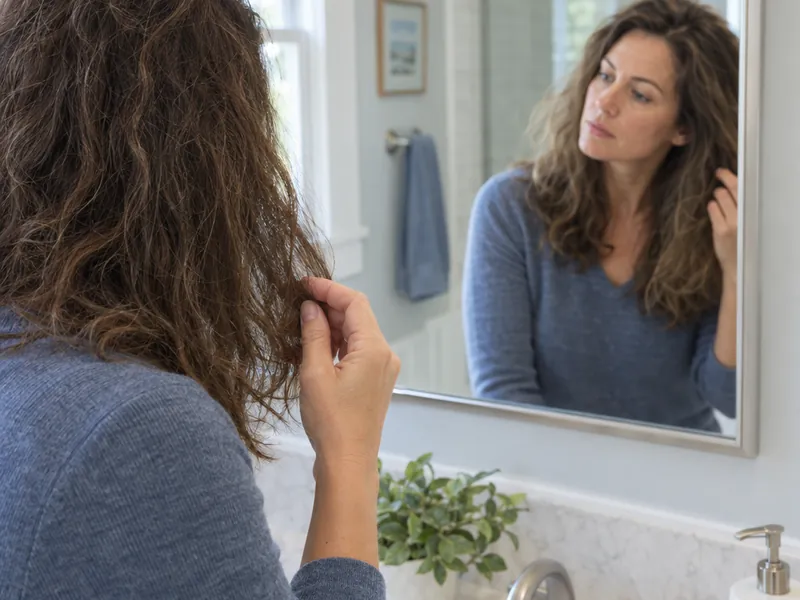 Person touching dry hair in a bathroom mirror