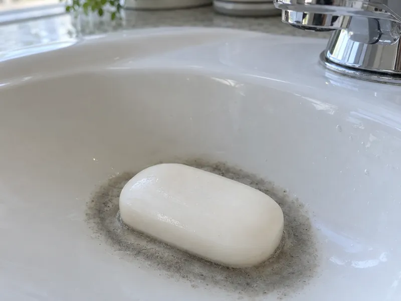 Bar of soap with grey scum in a sink